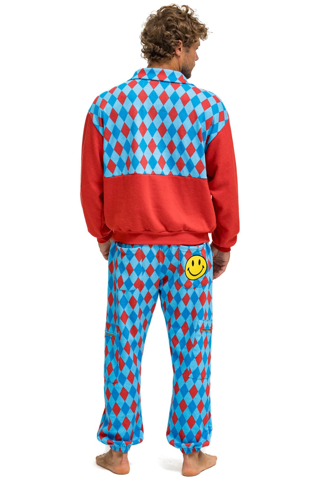 Aviator Nation DIAMOND SMILEY 2 FLEECE HALF ZIP COLOR BLOCK SWEATSHIRT - RED // SKY
