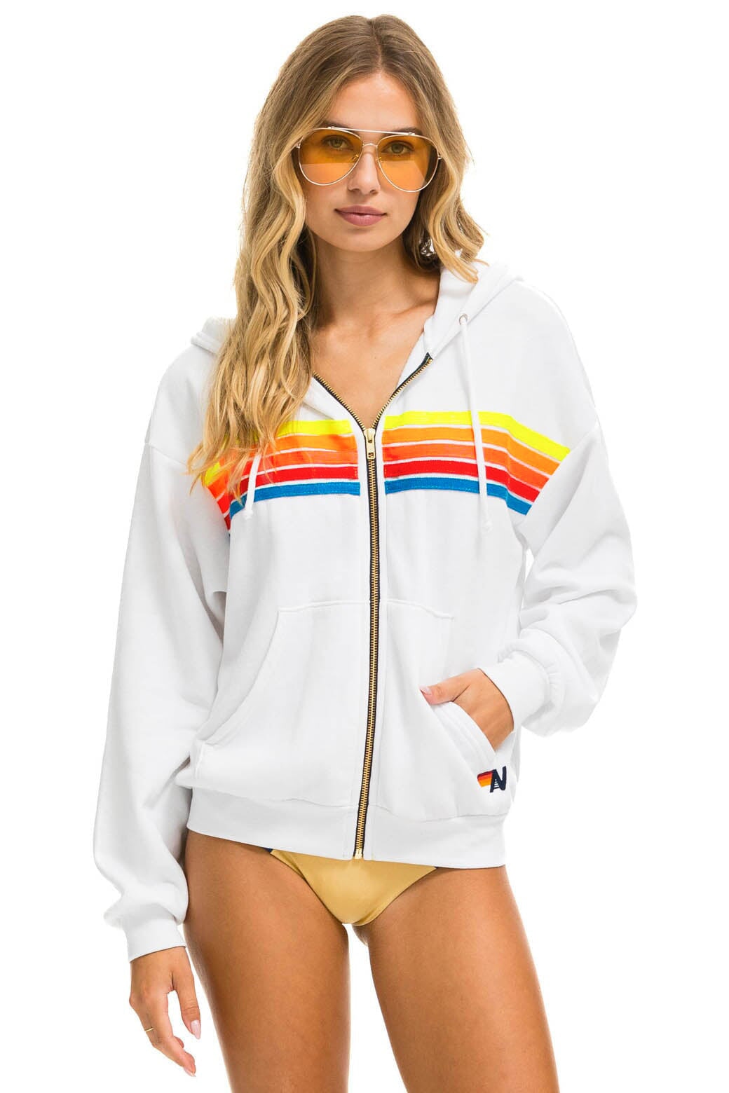 Aviator Nation 5 STRIPE RELAXED ZIP HOODIE - WHITE // NEON RAINBOW