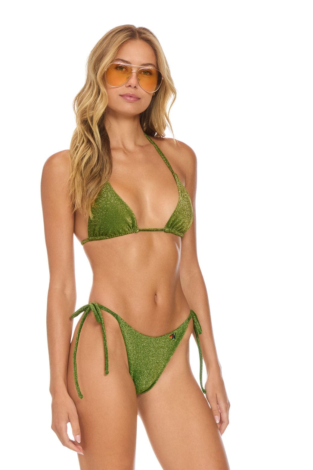 Aviator Nation SPARKLE TURKS SIDE TIE CHEEKY BIKINI BOTTOMS - ARMY