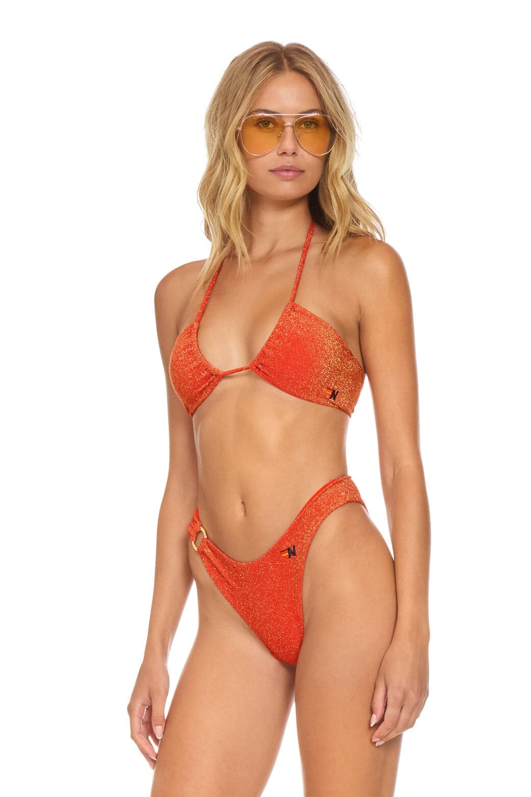 Aviator Nation SPARKLE GYPSY RING HI-CUT FULL COVERAGE BIKINI BOTTOMS - HOT CORAL