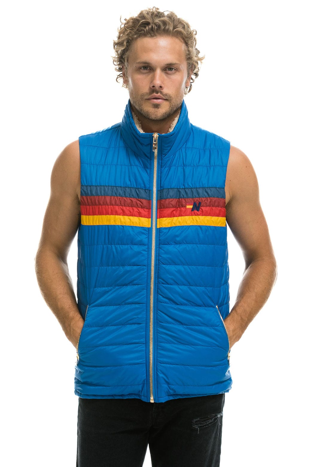 Aviator Nation MEN'S 4 STRIPE VEST SHERPA- SNORKEL BLUE