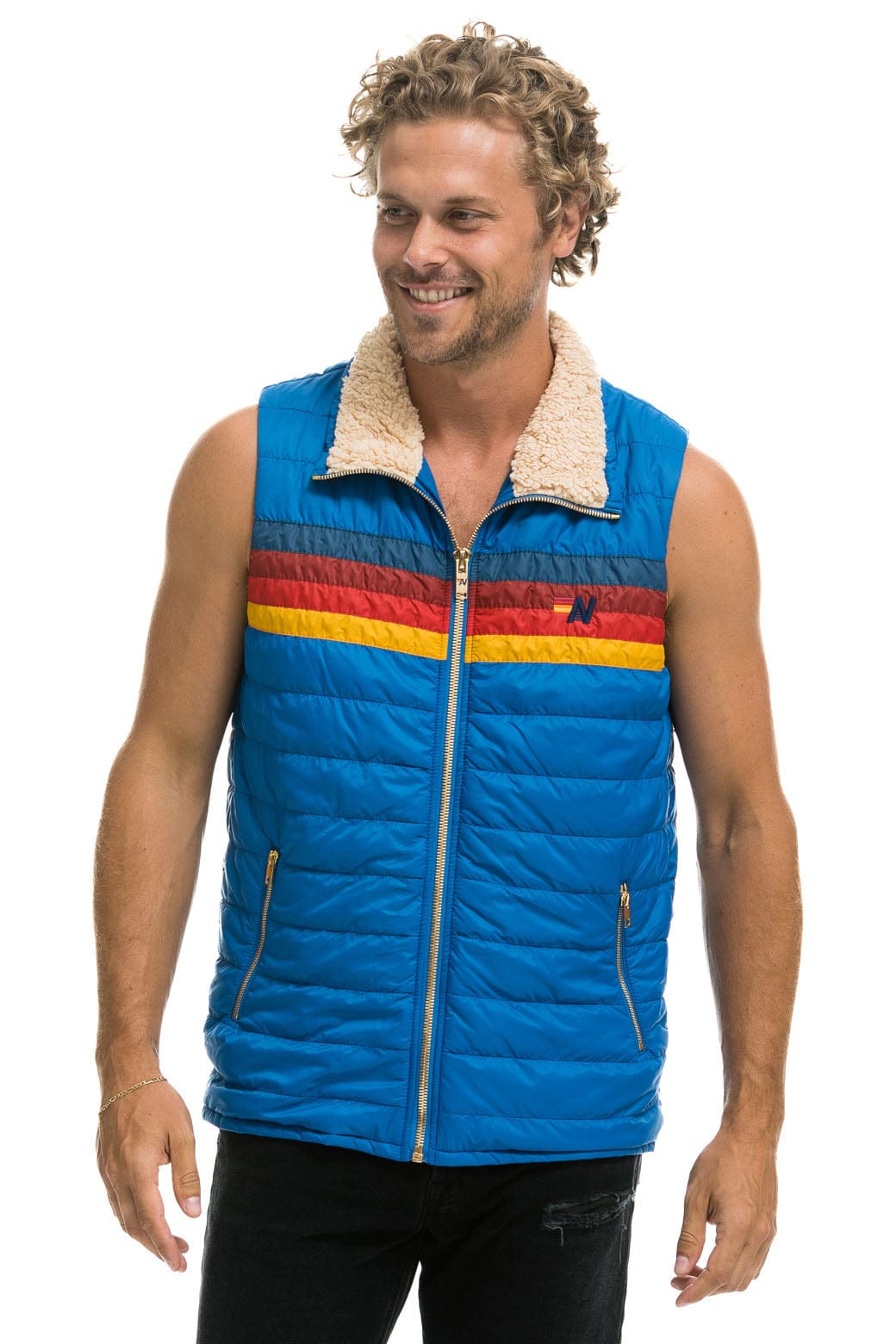 Aviator Nation MEN'S 4 STRIPE VEST SHERPA- SNORKEL BLUE