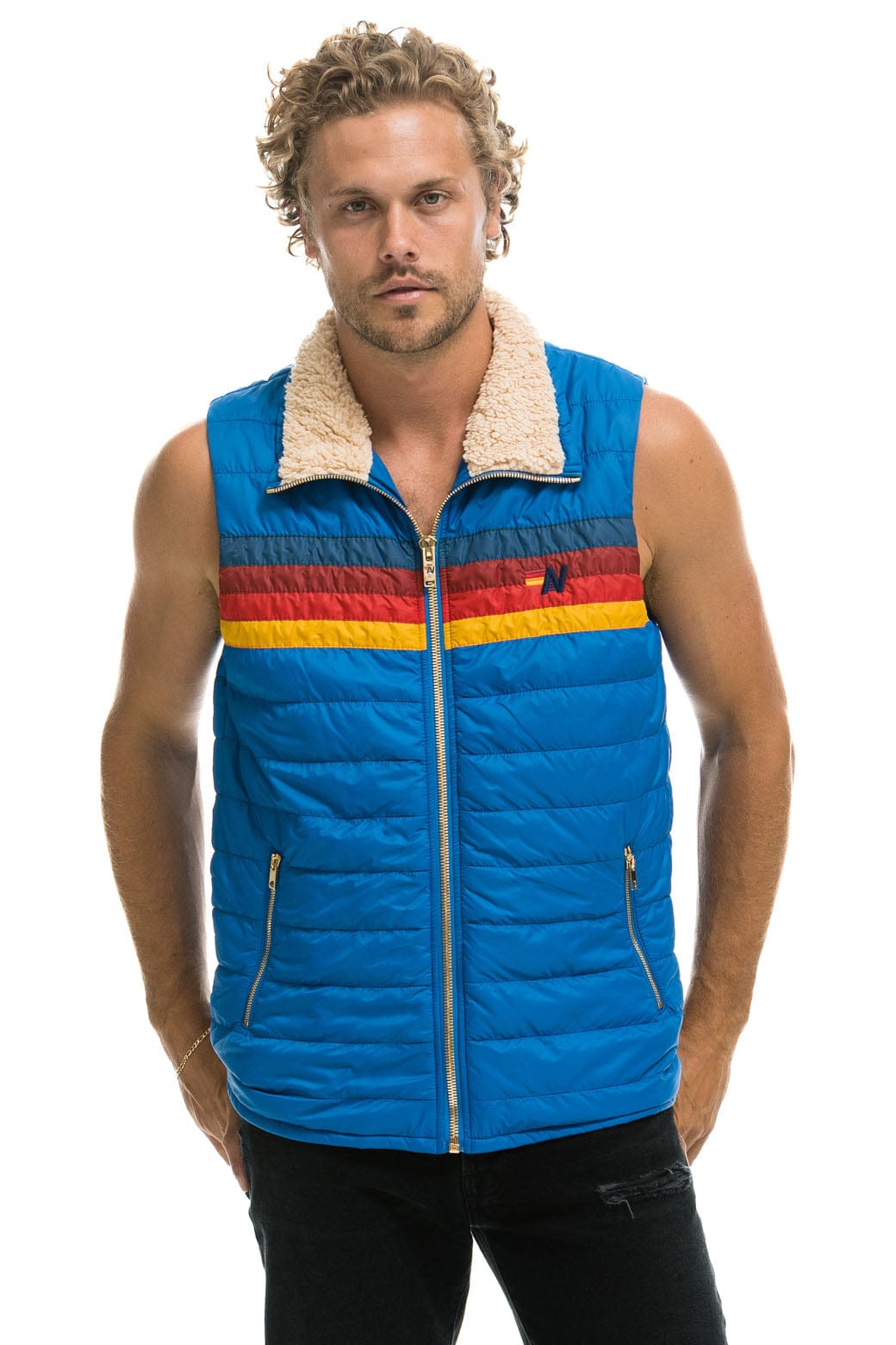 Aviator Nation MEN'S 4 STRIPE VEST SHERPA- SNORKEL BLUE