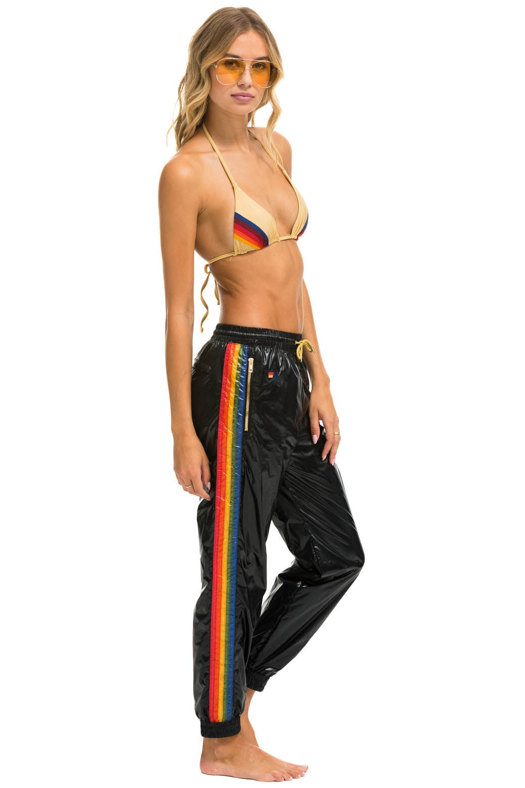 Aviator Nation WOMEN'S 5 STRIPE WIND PANT - BLACK GLOSSY