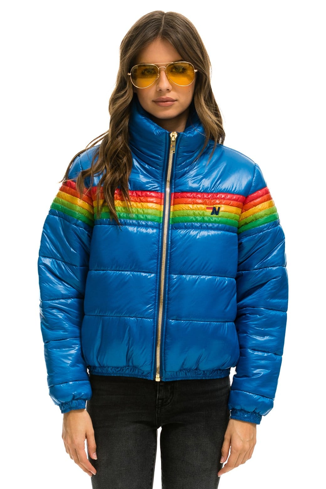 Aviator Nation 6 STRIPE LUXE APRES PUFFER JACKET - GLOSSY SNORKEL BLUE