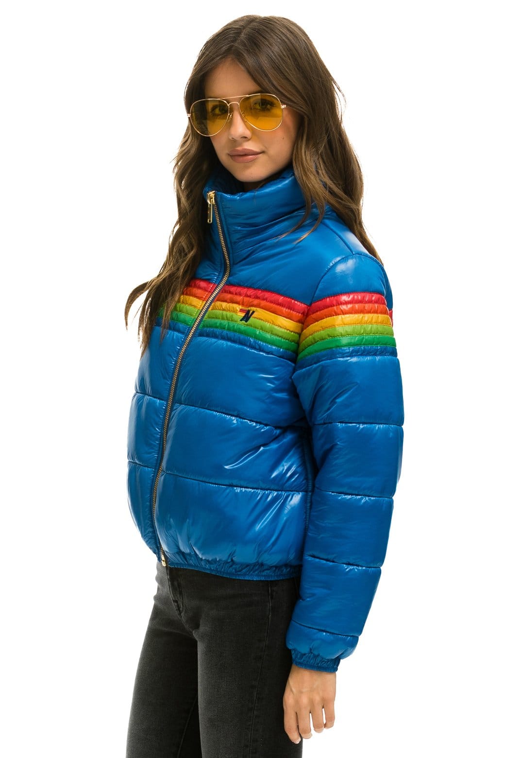 Aviator Nation 6 STRIPE LUXE APRES PUFFER JACKET - GLOSSY SNORKEL BLUE