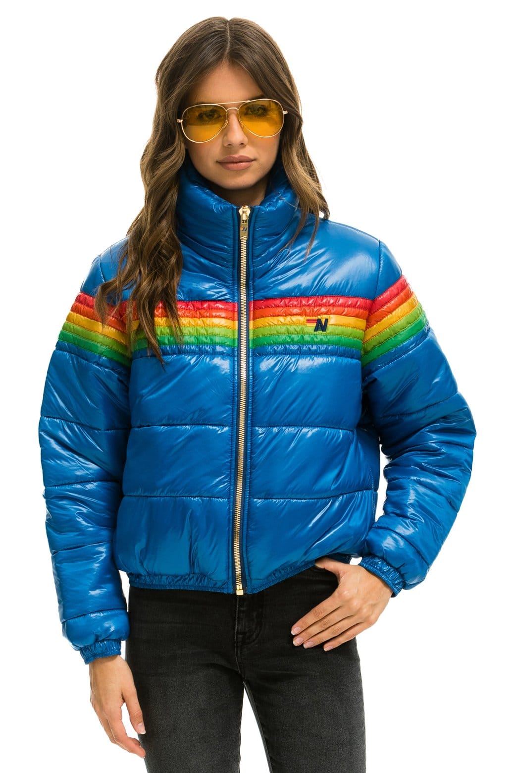 Aviator Nation 6 STRIPE LUXE APRES PUFFER JACKET - GLOSSY SNORKEL BLUE