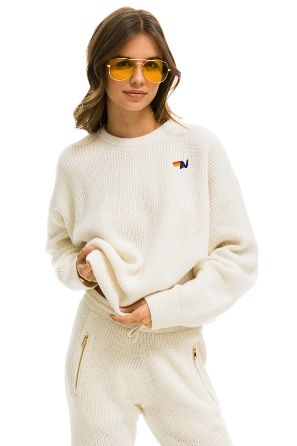 Aviator Nation VINTAGE CABIN UNISEX CASHMERE SWEATER - VINTAGE WHITE