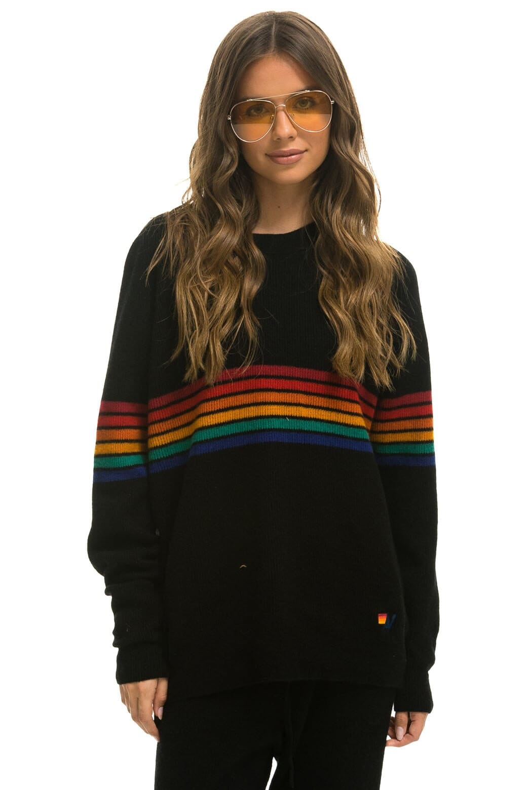 Aviator Nation RAINBOW STRIPE 6 UNISEX CASHMERE SWEATER	- BLACK