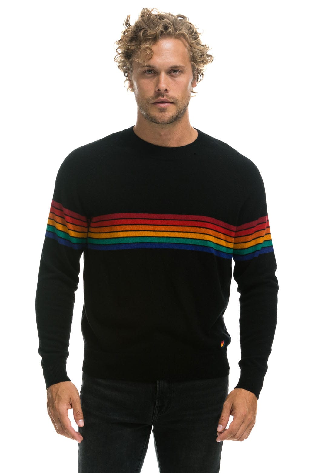Aviator Nation RAINBOW STRIPE 6 UNISEX CASHMERE SWEATER	- BLACK