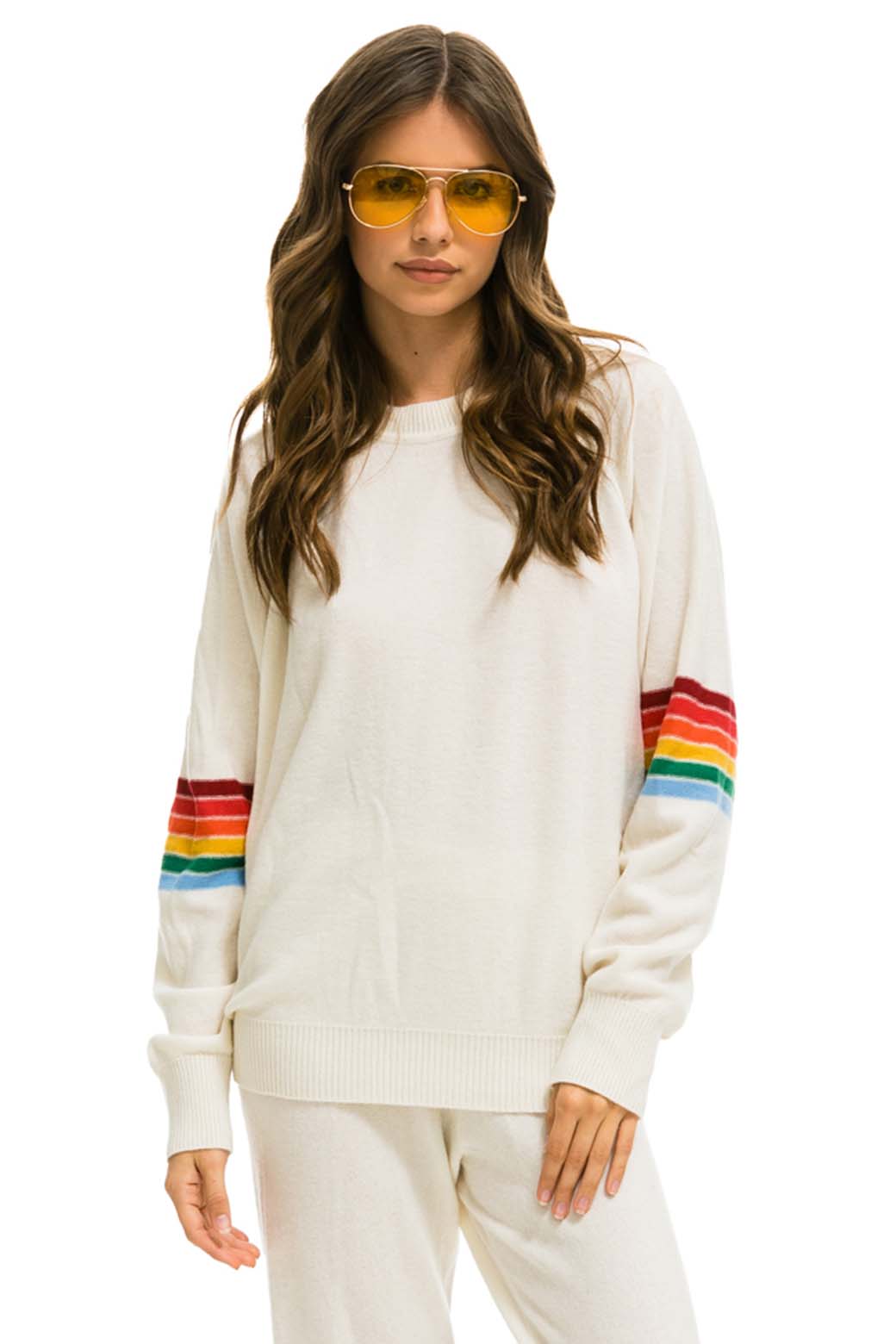 Aviator Nation RAINBOW STRIPE SLEEVE UNISEX CASHMERE LIGHT SWEATER - VINTAGE WHITE