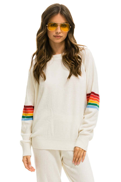 Aviator Nation RAINBOW STRIPE SLEEVE UNISEX CASHMERE LIGHT SWEATER - VINTAGE WHITE