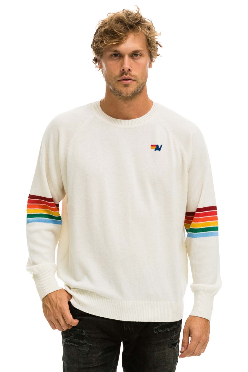 Aviator Nation RAINBOW STRIPE SLEEVE UNISEX CASHMERE LIGHT SWEATER - VINTAGE WHITE