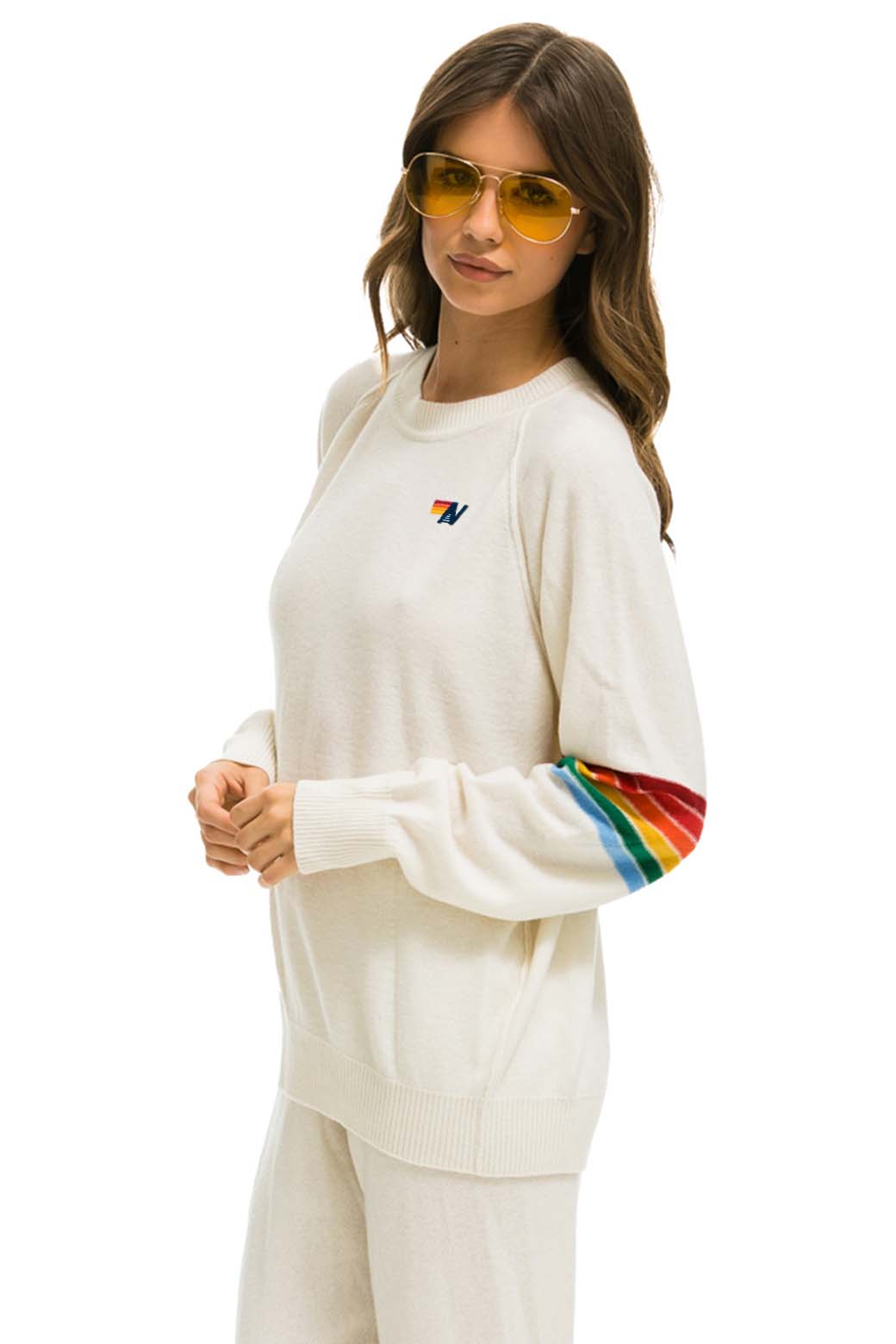 Aviator Nation RAINBOW STRIPE SLEEVE UNISEX CASHMERE LIGHT SWEATER - VINTAGE WHITE
