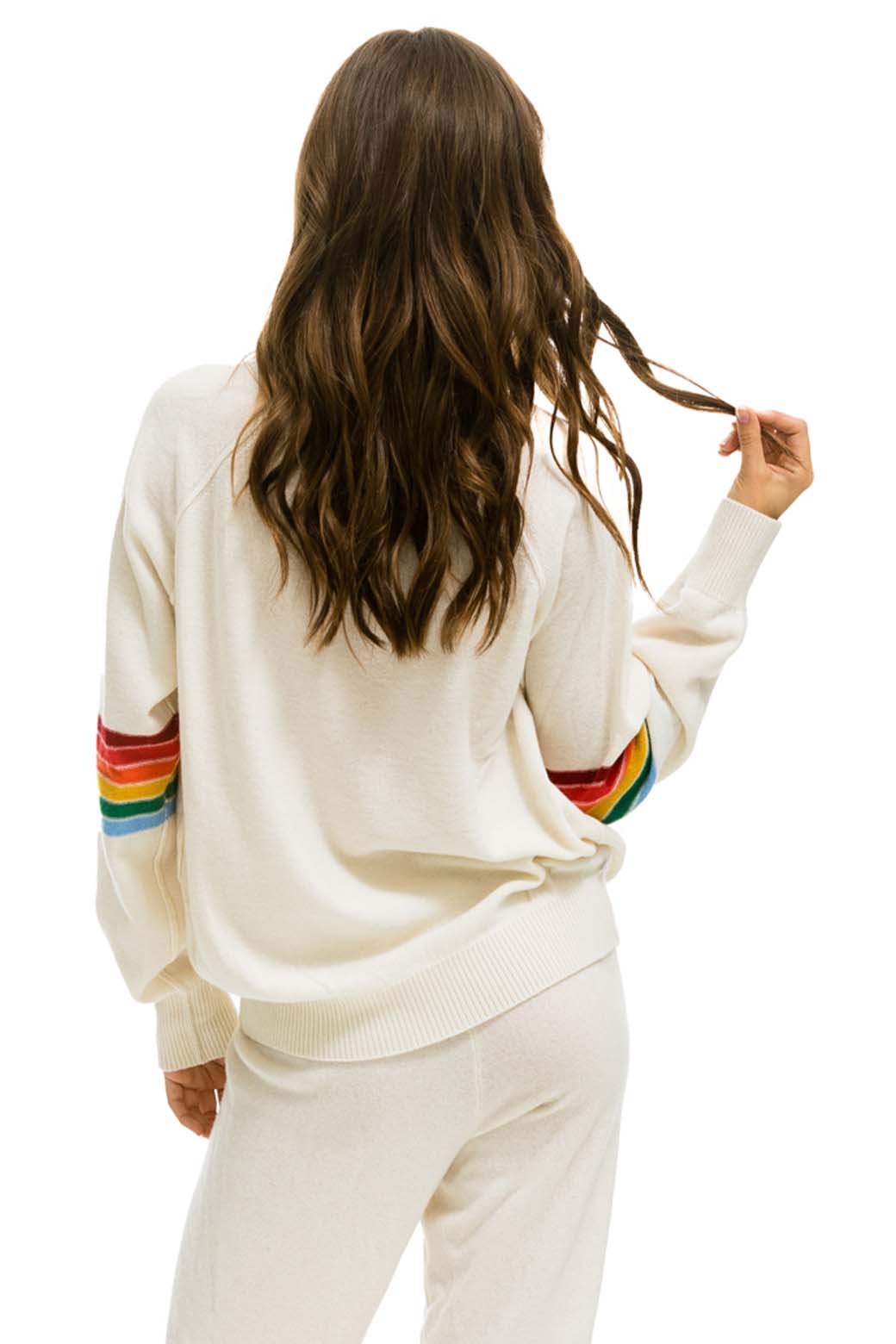 Aviator Nation RAINBOW STRIPE SLEEVE UNISEX CASHMERE LIGHT SWEATER - VINTAGE WHITE