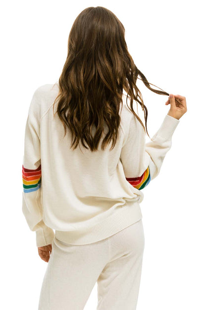 Aviator Nation RAINBOW STRIPE SLEEVE UNISEX CASHMERE LIGHT SWEATER - VINTAGE WHITE