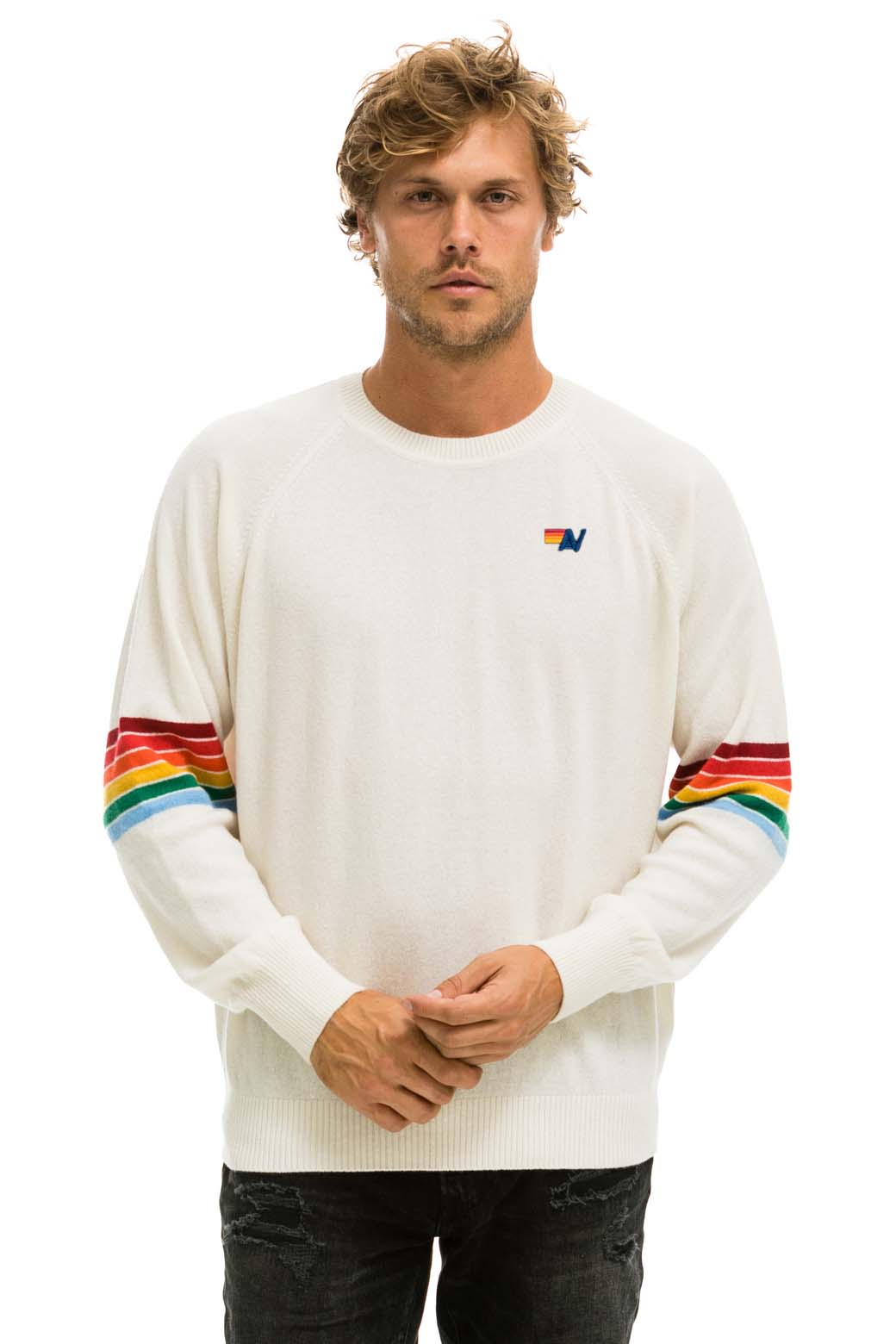 Aviator Nation RAINBOW STRIPE SLEEVE UNISEX CASHMERE LIGHT SWEATER - VINTAGE WHITE