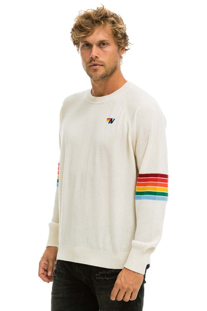 Aviator Nation RAINBOW STRIPE SLEEVE UNISEX CASHMERE LIGHT SWEATER - VINTAGE WHITE