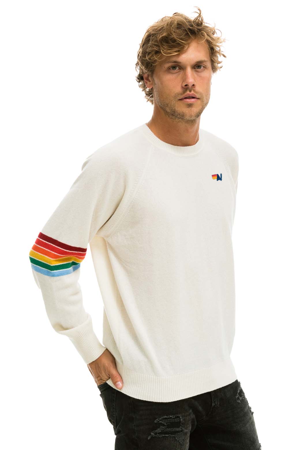 Aviator Nation RAINBOW STRIPE SLEEVE UNISEX CASHMERE LIGHT SWEATER - VINTAGE WHITE