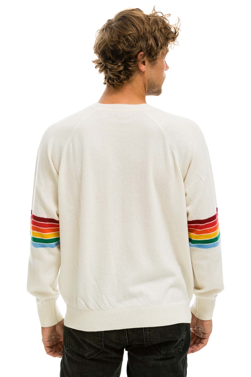 Aviator Nation RAINBOW STRIPE SLEEVE UNISEX CASHMERE LIGHT SWEATER - VINTAGE WHITE