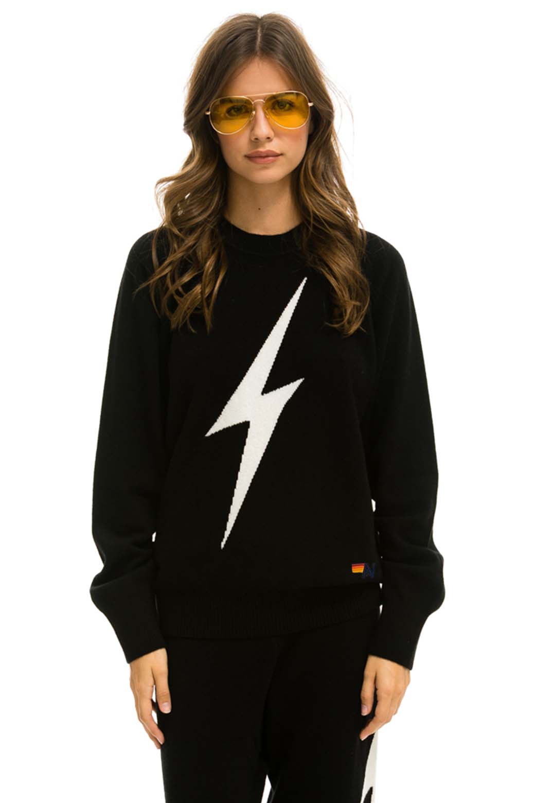 Aviator Nation UNISEX BOLT CASHMERE LIGHT SWEATER - BLACK // WHITE BOLT