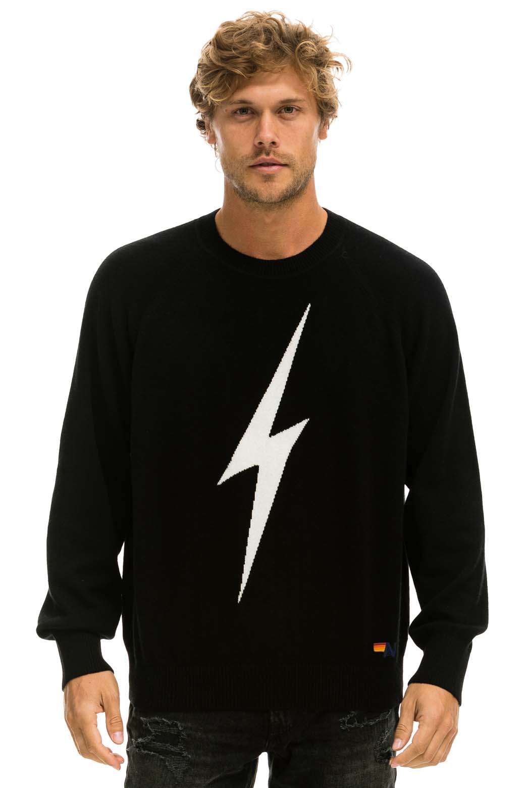 Aviator Nation UNISEX BOLT CASHMERE LIGHT SWEATER - BLACK // WHITE BOLT