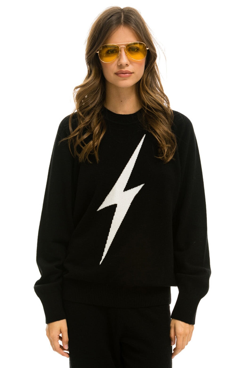 Aviator Nation UNISEX BOLT CASHMERE LIGHT SWEATER - BLACK // WHITE BOLT