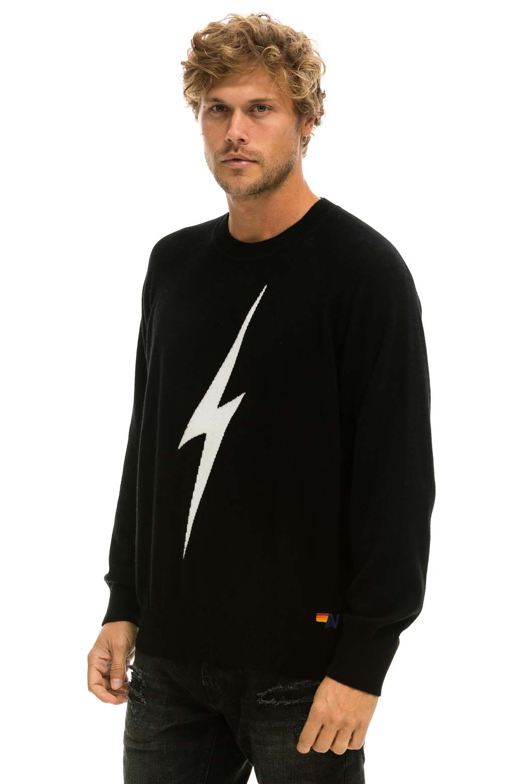 Aviator Nation UNISEX BOLT CASHMERE LIGHT SWEATER - BLACK // WHITE BOLT