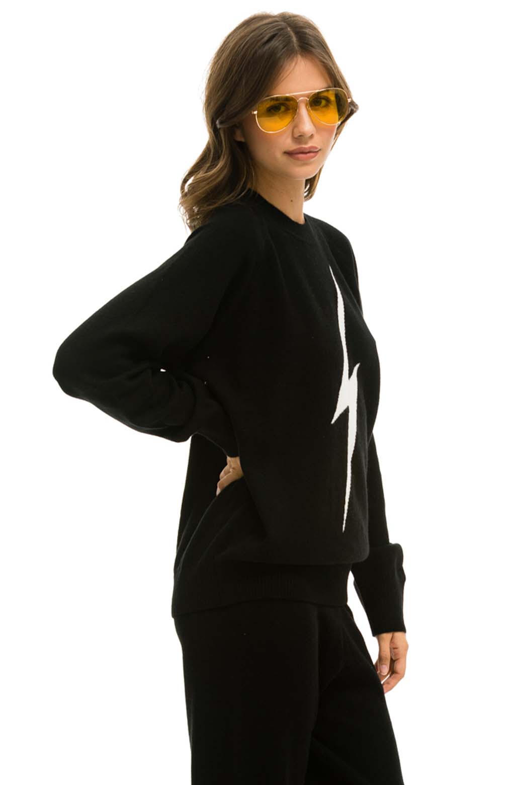 Aviator Nation UNISEX BOLT CASHMERE LIGHT SWEATER - BLACK // WHITE BOLT