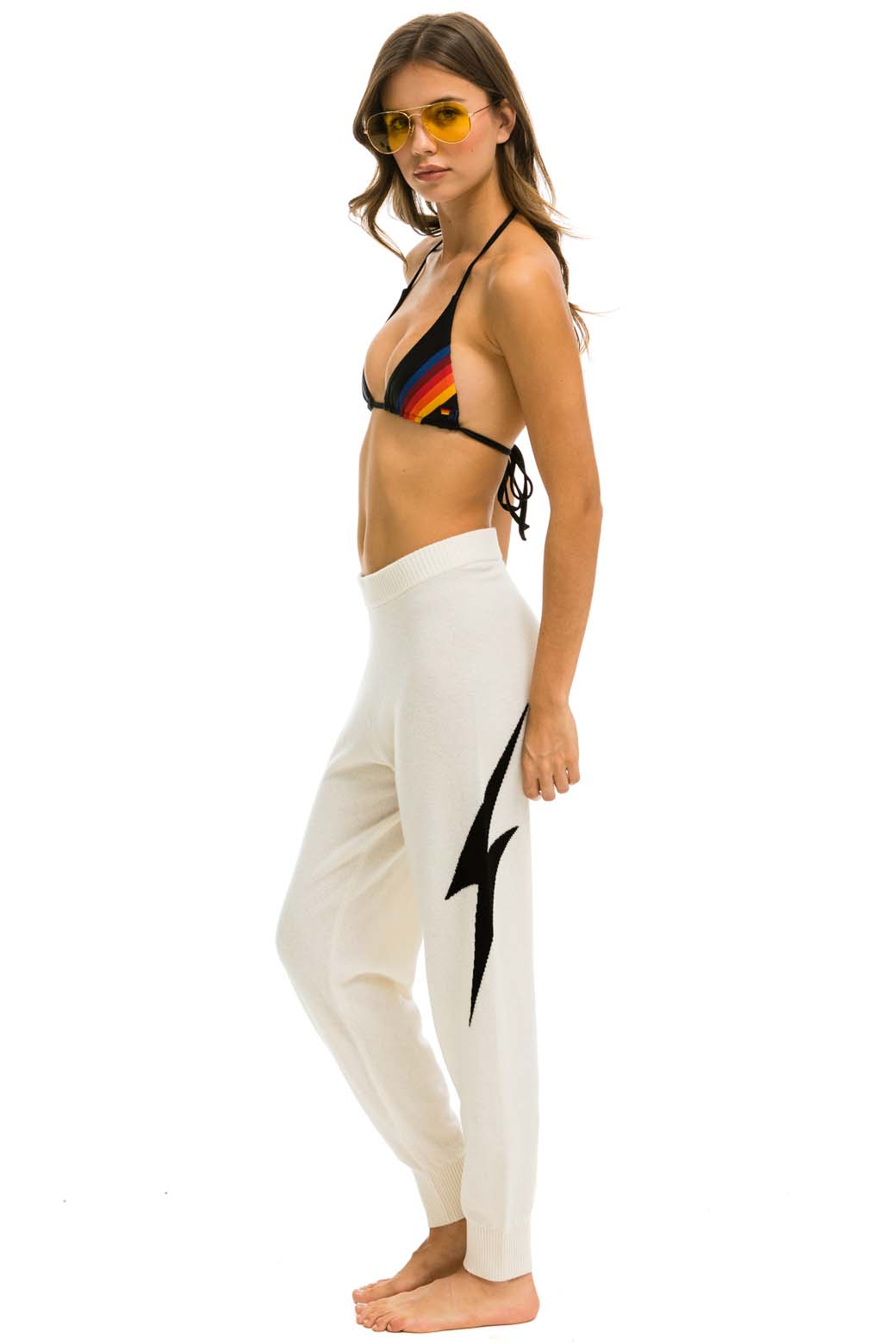 Aviator Nation BOLT CASHMERE LIGHT SWEATER PANT - VINTAGE WHITE // BLACK BOLT