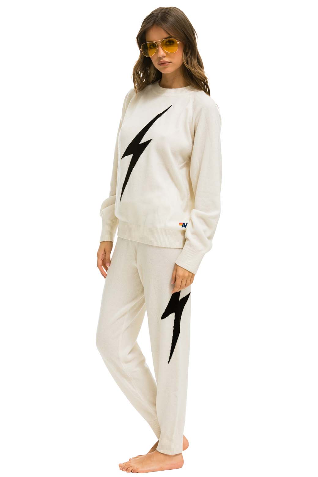 Aviator Nation BOLT CASHMERE LIGHT SWEATER PANT - VINTAGE WHITE // BLACK BOLT