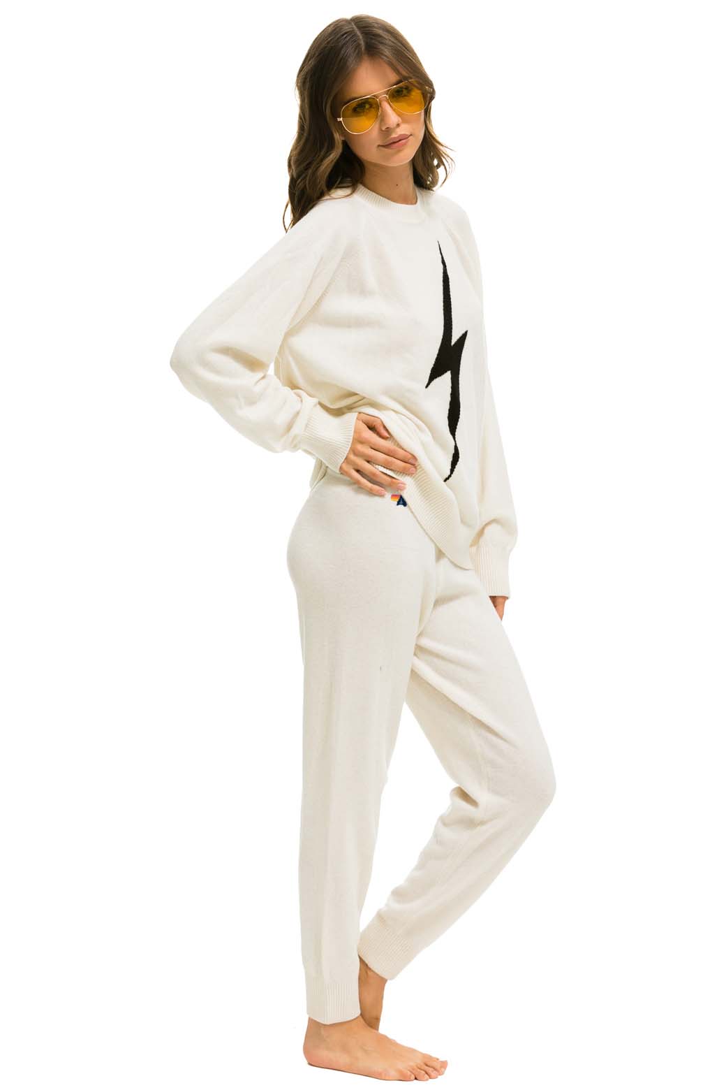 Aviator Nation BOLT CASHMERE LIGHT SWEATER PANT - VINTAGE WHITE // BLACK BOLT