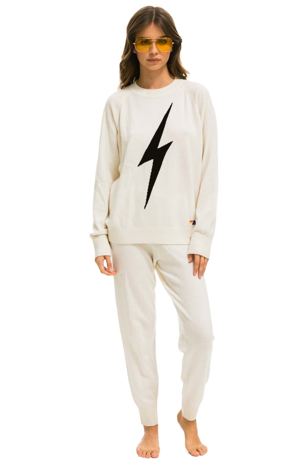 Aviator Nation BOLT CASHMERE LIGHT SWEATER PANT - VINTAGE WHITE // BLACK BOLT