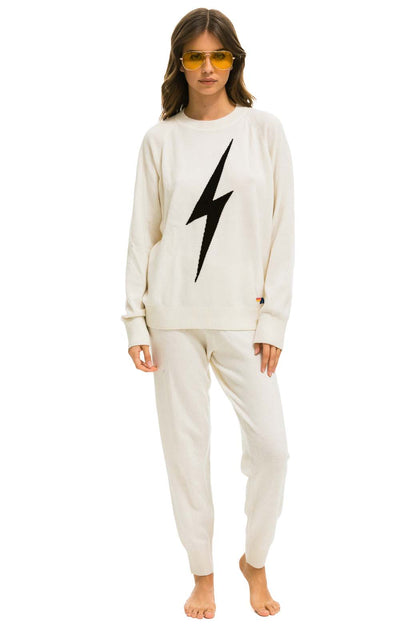 Aviator Nation BOLT CASHMERE LIGHT SWEATER PANT - VINTAGE WHITE // BLACK BOLT