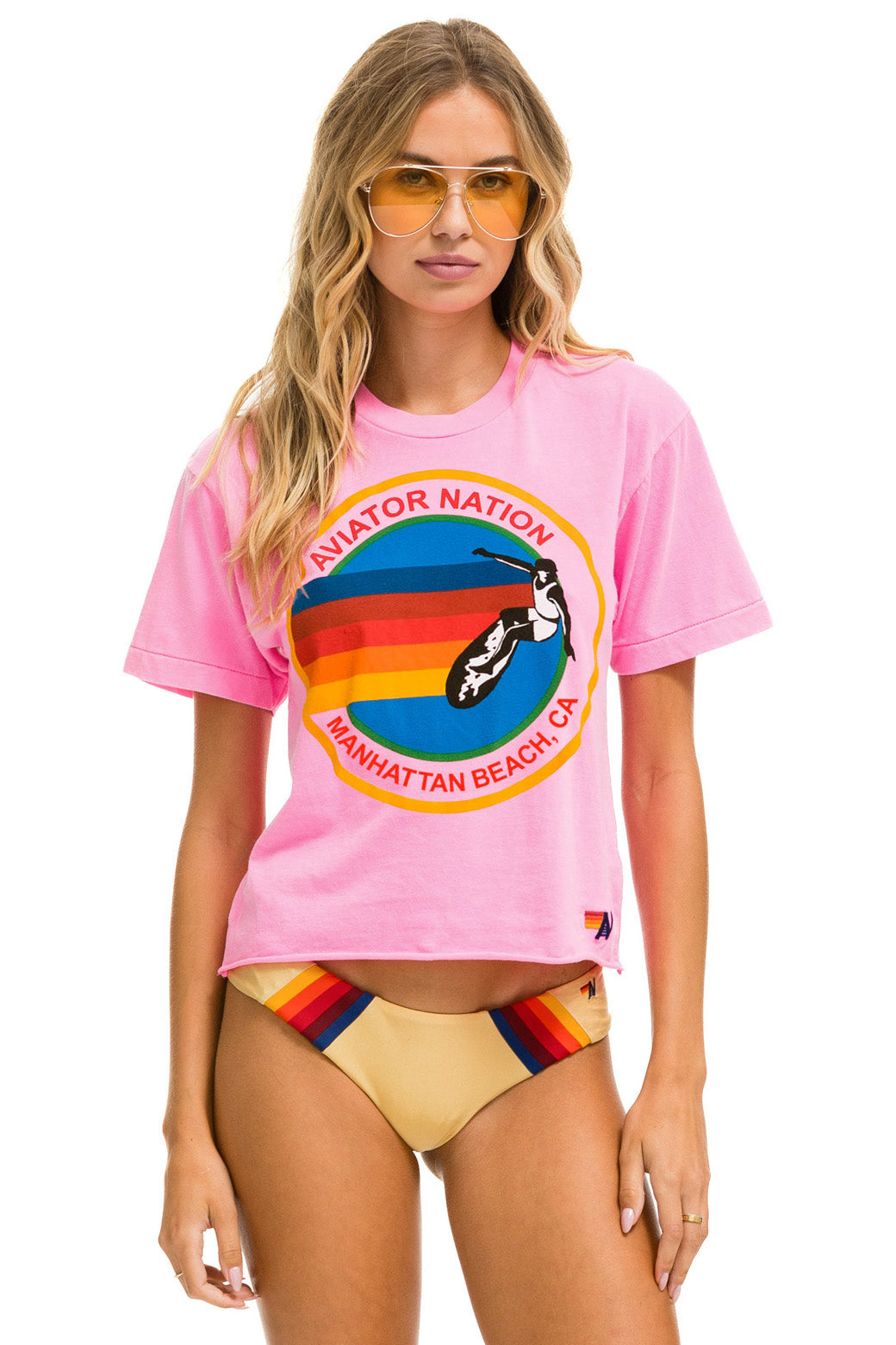 Aviator Nation SIGNATURE MANHATTAN BEACH BOYFRIEND TEE - NEON PINK