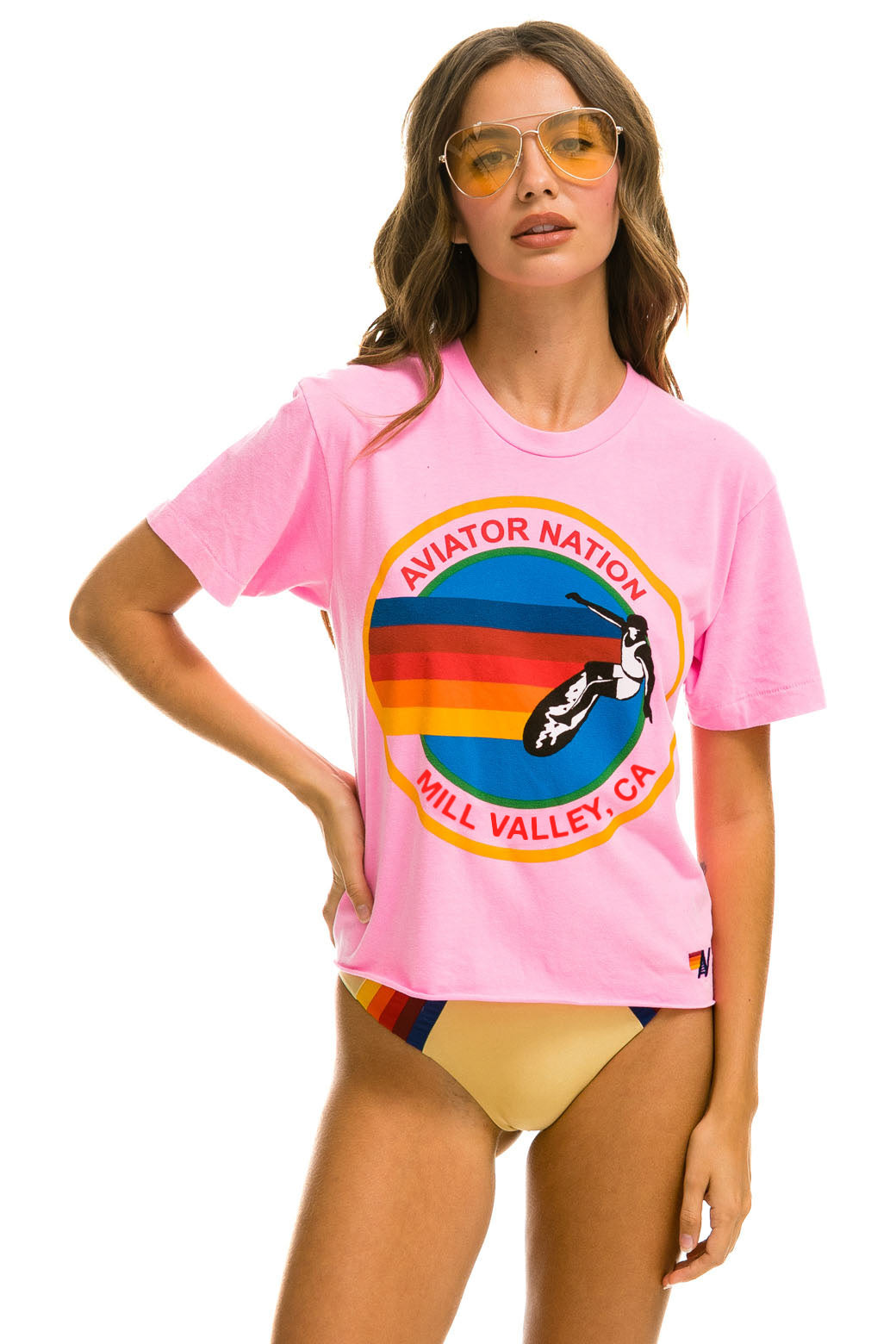 Aviator Nation SIGNATURE MILL VALLEY  BOYFRIEND TEE - NEON PINK