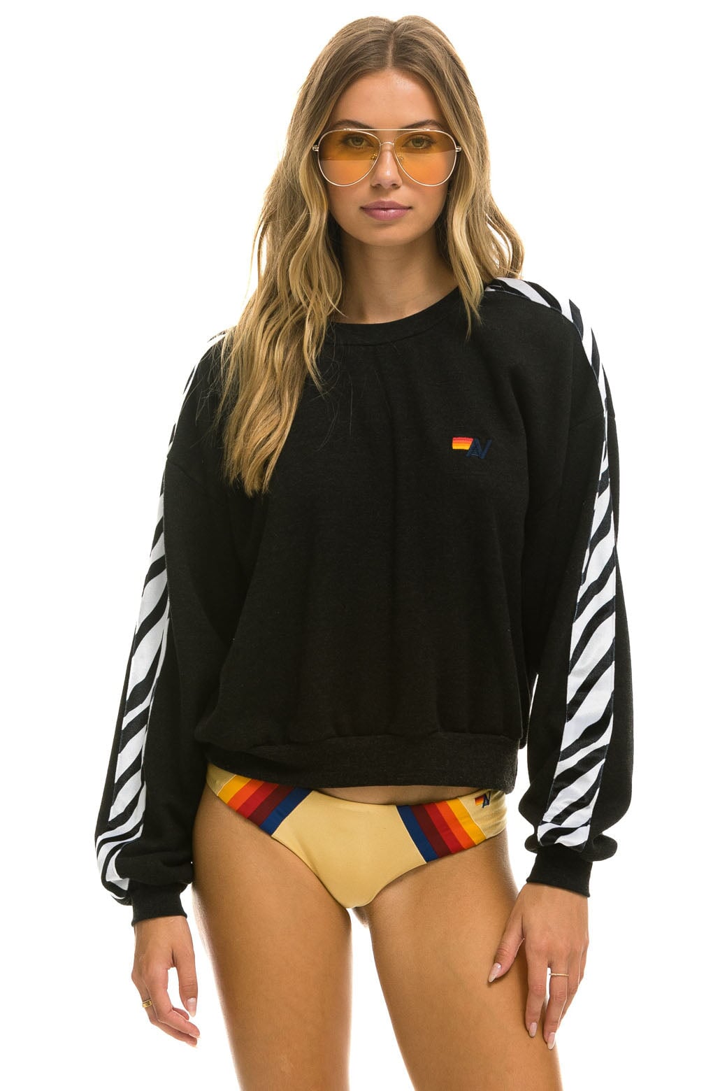 Aviator Nation ZEBRA STRIPE RELAXED FIT CREW SWEATSHIRT - BLACK // ZEBRA