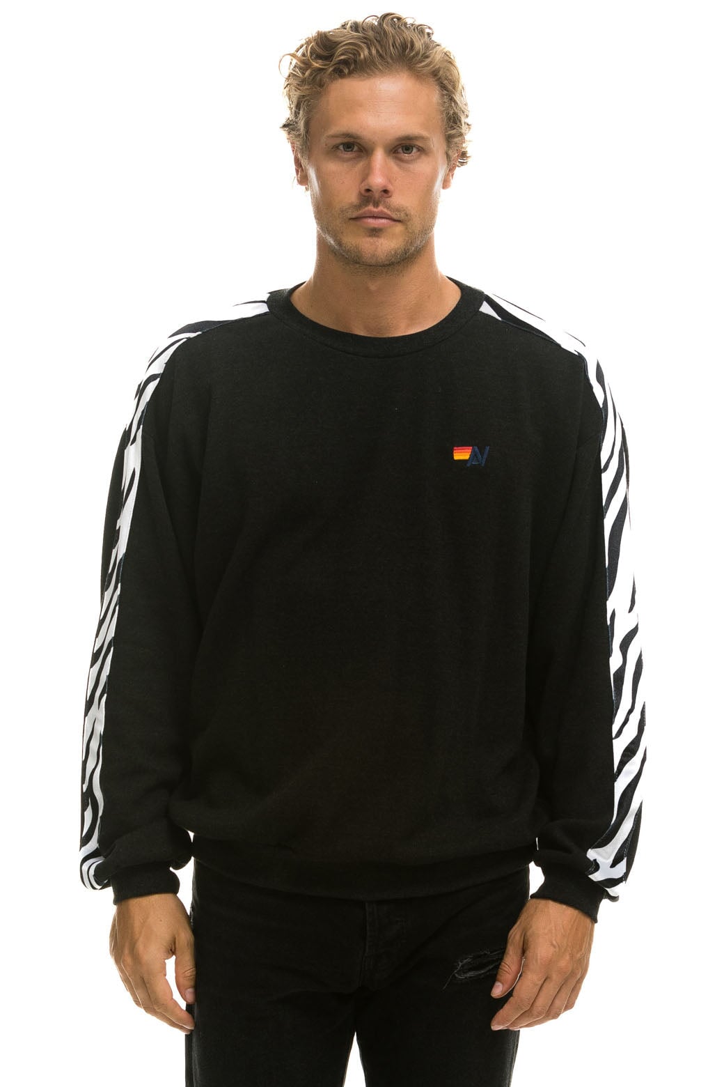 Aviator Nation ZEBRA STRIPE RELAXED FIT CREW SWEATSHIRT - BLACK // ZEBRA
