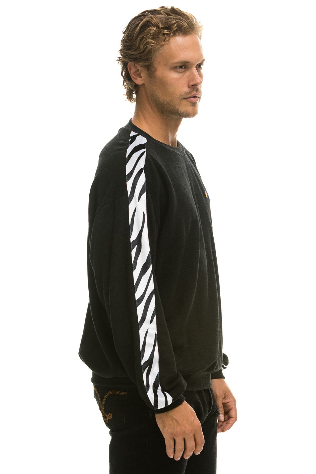 Aviator Nation ZEBRA STRIPE RELAXED FIT CREW SWEATSHIRT - BLACK // ZEBRA