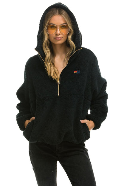 Aviator Nation TEDDY APRES  HOODED HALF ZIP JACKET - BLACK