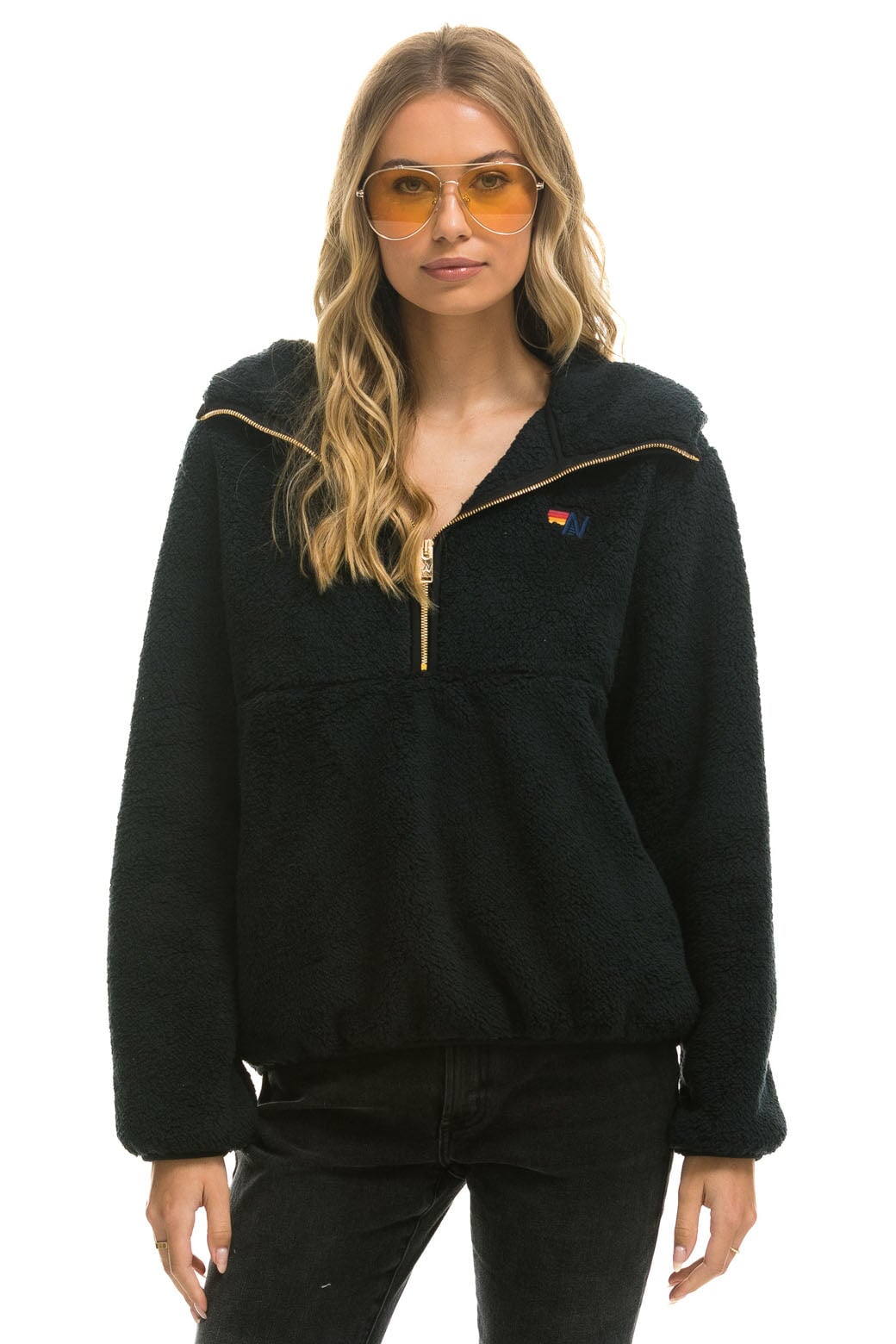 Aviator Nation TEDDY APRES  HOODED HALF ZIP JACKET - BLACK