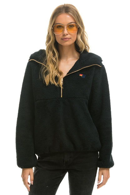 Aviator Nation TEDDY APRES  HOODED HALF ZIP JACKET - BLACK