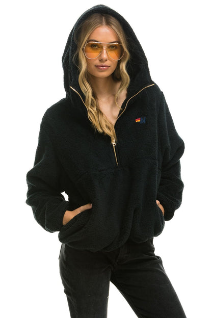 Aviator Nation TEDDY APRES  HOODED HALF ZIP JACKET - BLACK