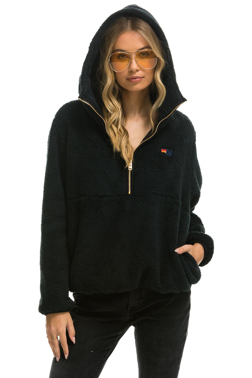 Aviator Nation TEDDY APRES  HOODED HALF ZIP JACKET - BLACK