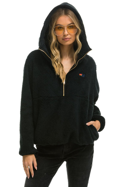 Aviator Nation TEDDY APRES  HOODED HALF ZIP JACKET - BLACK