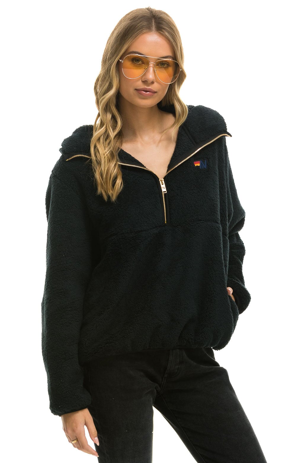 Aviator Nation TEDDY APRES  HOODED HALF ZIP JACKET - BLACK