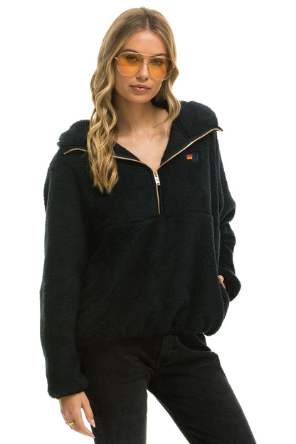 Aviator Nation TEDDY APRES  HOODED HALF ZIP JACKET - BLACK