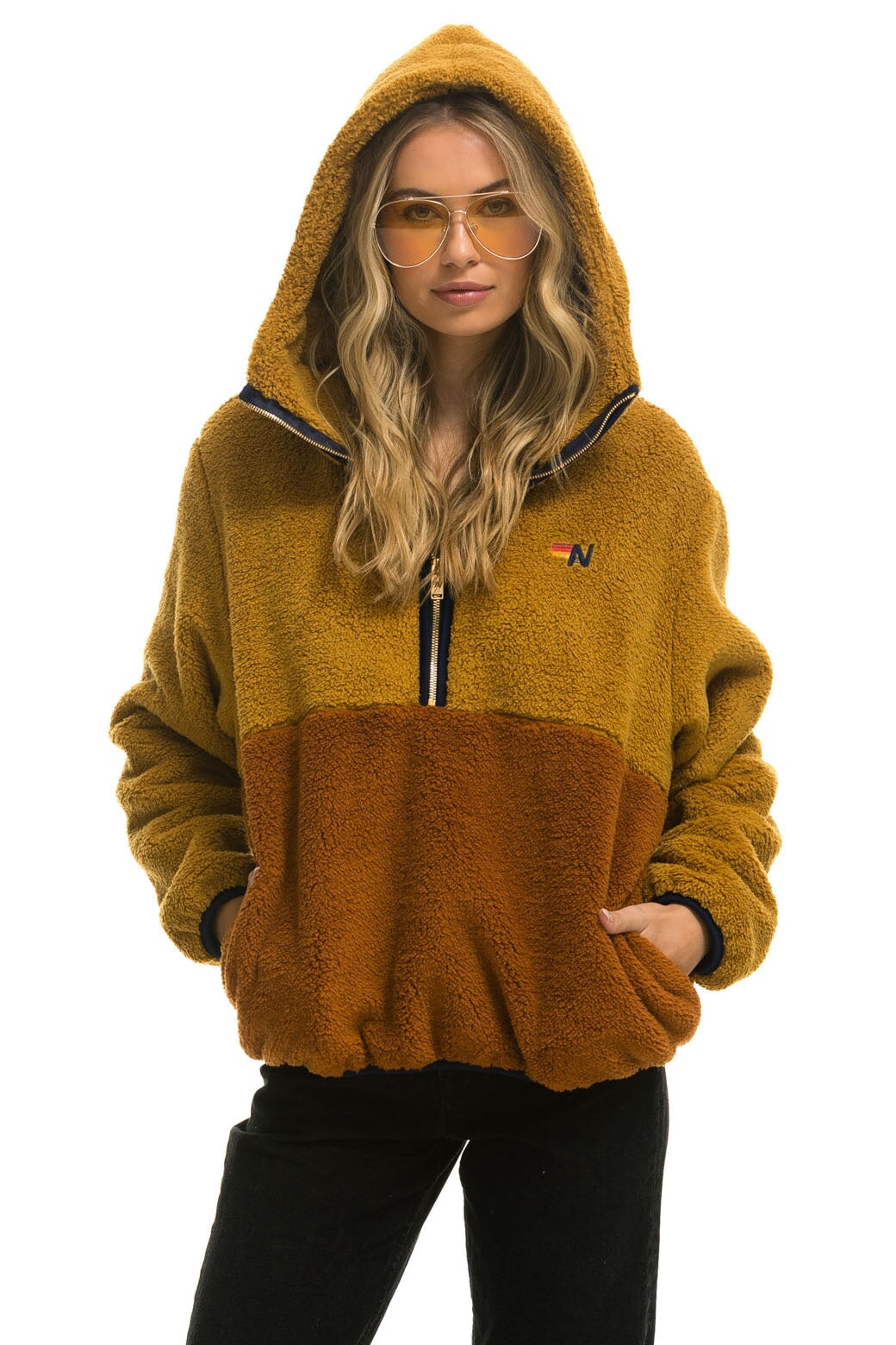 Aviator Nation TEDDY APRES HOODED HALF ZIP COLOR BLOCK JACKET - HONEY
