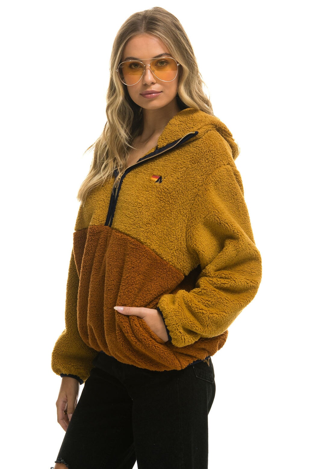 Aviator Nation TEDDY APRES HOODED HALF ZIP COLOR BLOCK JACKET - HONEY