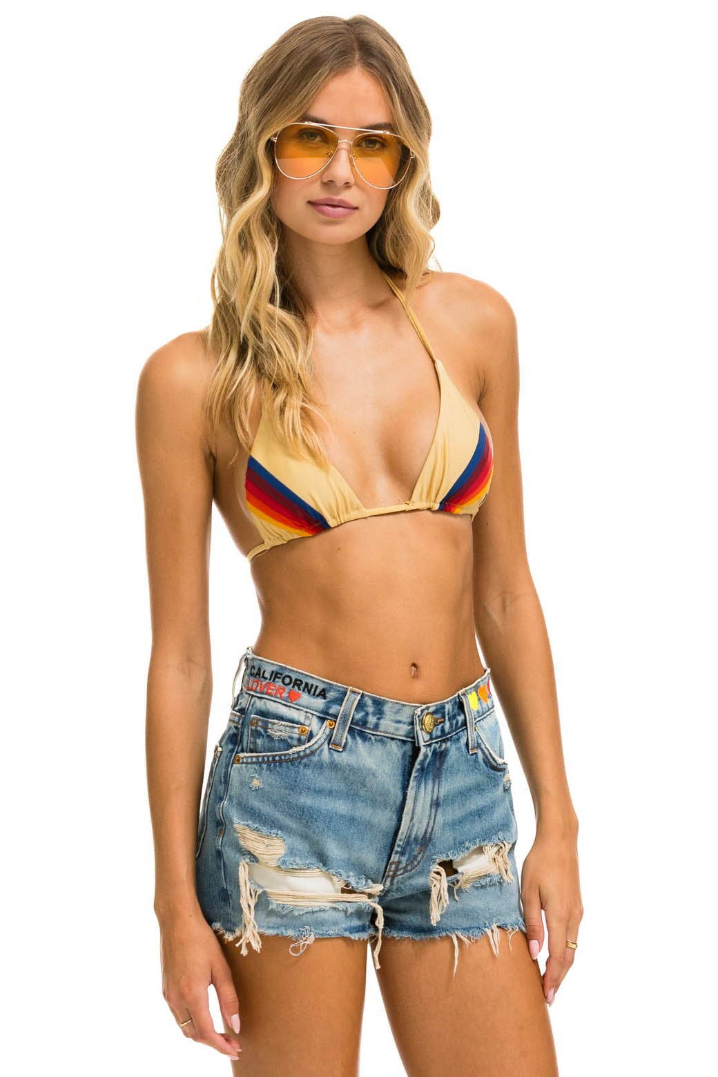 Aviator Nation MID RISE ROCKER COWGIRL CUTOFF CALI LOVER HEART JEAN SHORTS - VINTAGE